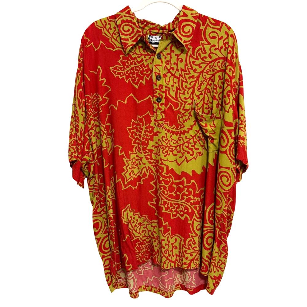 Manuhealii Mens Hawaiian Aloha Shirt XXL Red Green Rayon Collared Pullover
